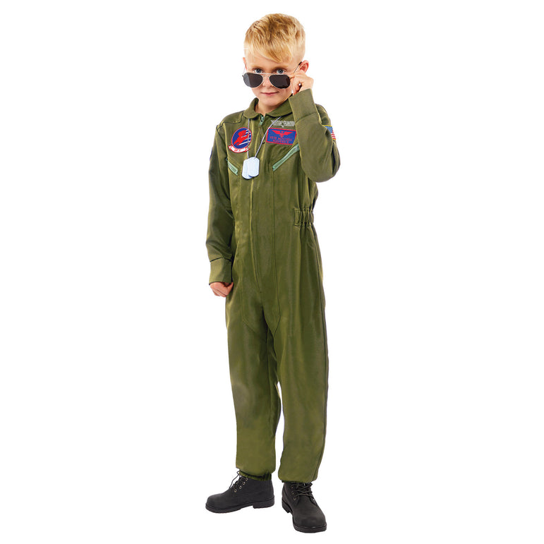 Child wearing green Top Gun flight suit costume with sunglasses and patches.
