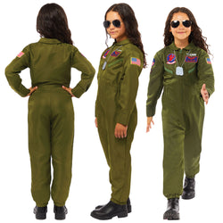 Child wearing Top Gun flight suit costume in multiple poses showing front and back.