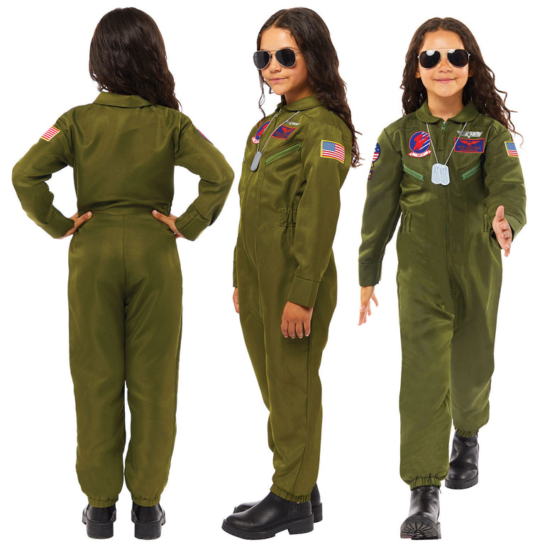 Child wearing Top Gun flight suit costume in multiple poses showing front and back.