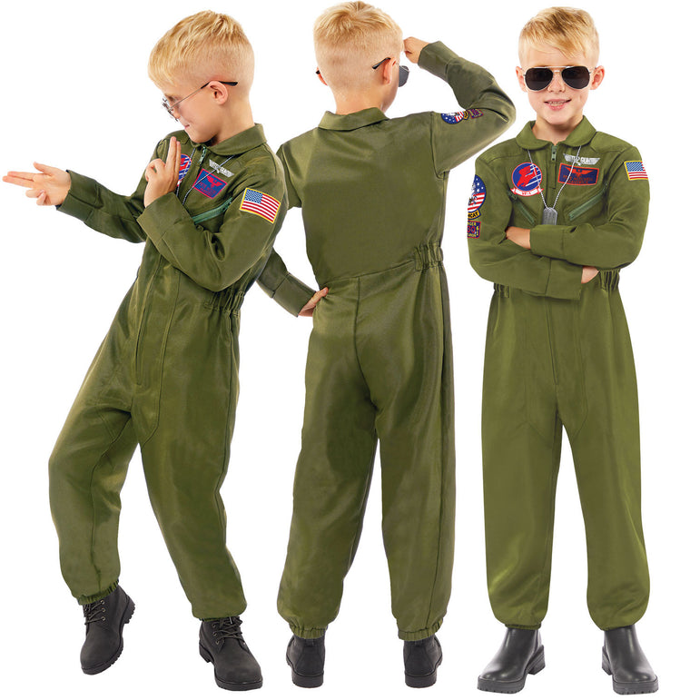 Child wearing Top Gun flight suit costume in multiple poses showing front and back.