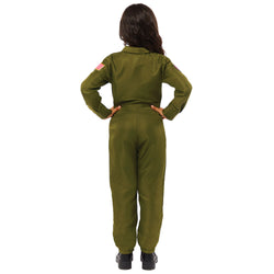 Back view of child wearing green Top Gun flight suit costume.