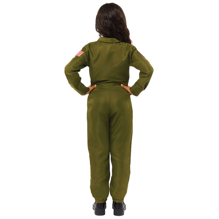 Back view of child wearing green Top Gun flight suit costume.