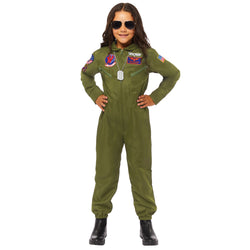 Child wearing green Top Gun flight suit costume with sunglasses and patches.