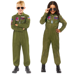 Two children, one boy and one girl, wearing green aviator jumpsuits like the ones in the movie Top Gun. The boy has blonde hair and the girl has black hair.