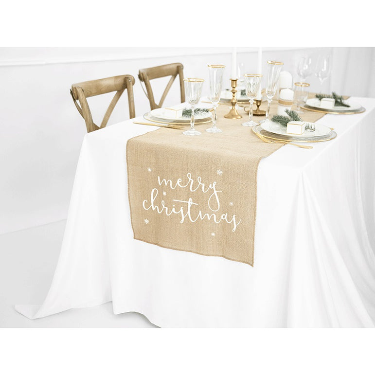 Jute Merry Christmas Table Runner White 50cm