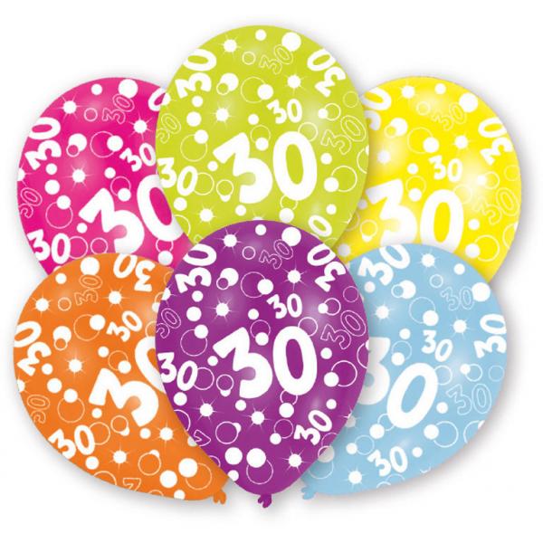 All Around Printed Age 30 Latex Balloons 11in, 6pcs Balloons & Streamers - Party Centre