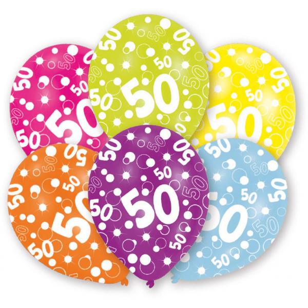 All Around Printed Age 50 Latex Balloons 11in, 6pcs Balloons & Streamers - Party Centre