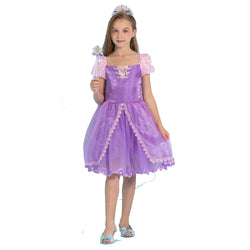 A child wearing a purple costume resembling a Rapunzel dress with glitter and satin details, including a bodice with character art and ribbon lacing, puff sleeves, and a glitter dot skirt.