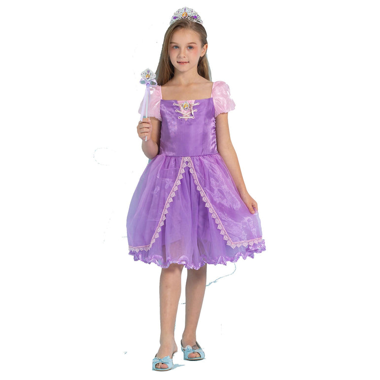 A child wearing a purple costume resembling a Rapunzel dress with glitter and satin details, including a bodice with character art and ribbon lacing, puff sleeves, and a glitter dot skirt.