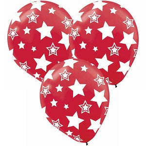 Red Stars Latex Balloons 12in, 6pcs Balloons & Streamers - Party Centre