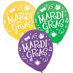 Mardi Gras Latex Balloons 12in, 20pcs Balloons & Streamers - Party Centre