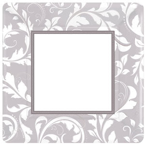 Silver Elegant Scroll Paper Plates 10in, 8pcs Printed Tableware - Party Centre
