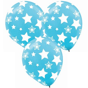 Caribbean Blue Stars Latex Balloons 12in, 6pcs Balloons & Streamers - Party Centre