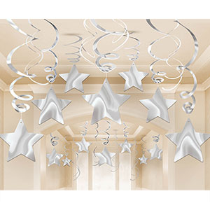 Silver Shooting Star Swirl Decorations 24in, 30pcs Decorations - Party Centre