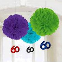 60th Birthday Fluffy With Danglers 3pcs Decorations - Party Centre