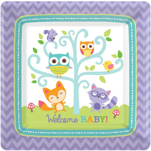 Woodland Welcome Square Plates 7in, 8pcs Printed Tableware - Party Centre